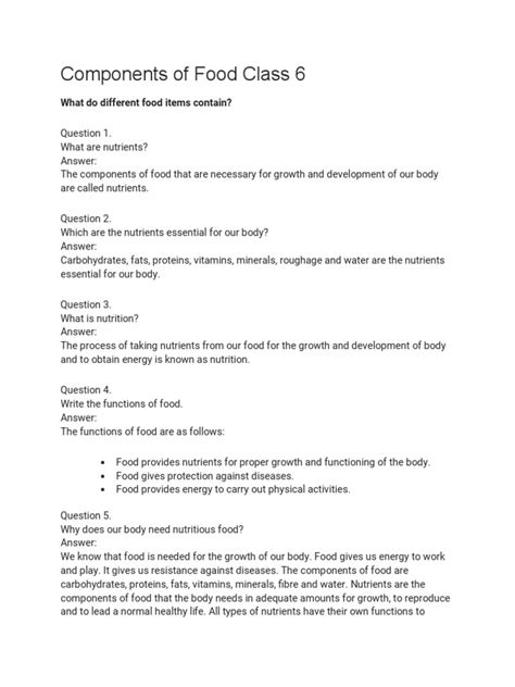 Class 6 Science Components of Food Worksheet に対する画像結果
