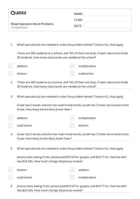Image result for 4th Grade Word Problems Worksheets