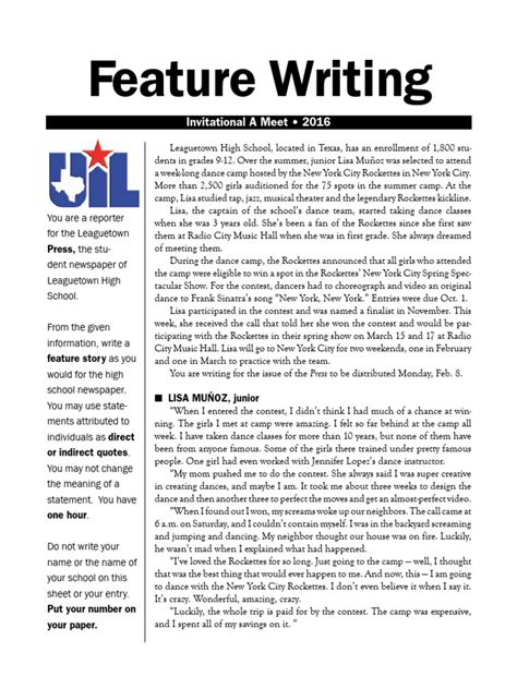 Image result for Feature Writing Example Winnable