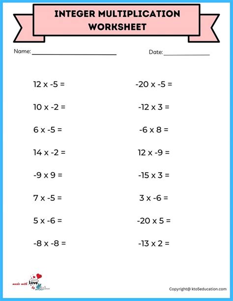 Image result for Multiplying Negative Number Sheet