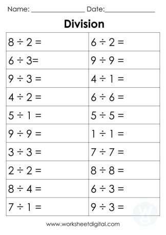 Image result for Division 1 Digit Table Worksheet