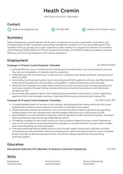Process Control Engineer Resume に対する画像結果