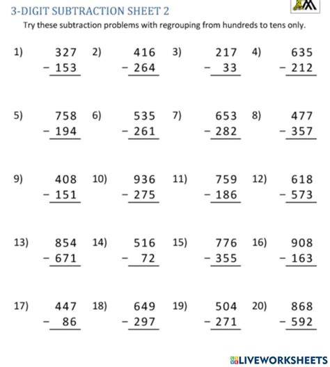 Image result for Subtracting 3-Digit Numbers Worksheet
