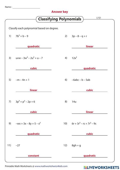 Image result for Classifying Polynomials Worksheet
