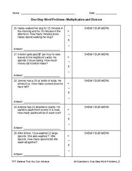 Image result for Single Step Word Problems All Operations Printable