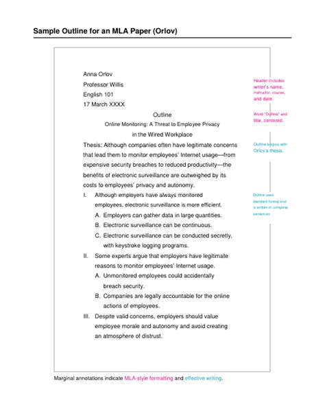Image result for MLA Format Essay Outline Example