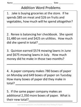 Image result for 4th Grade Math Addition Word Problem Worksheets