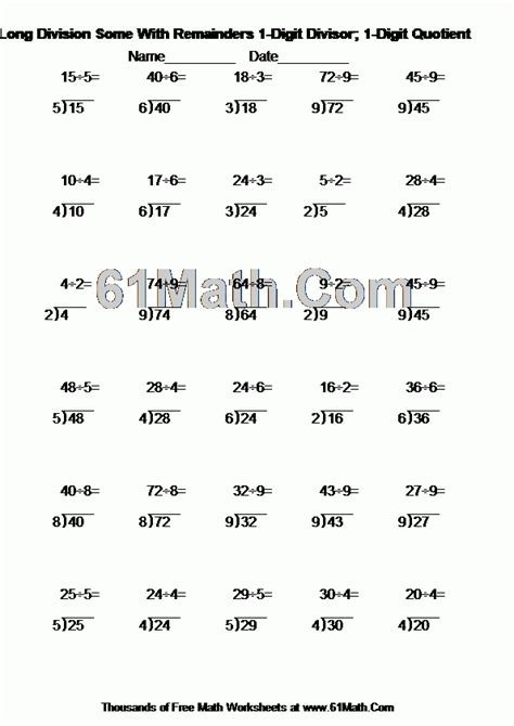 Image result for Division 1 Digit Table Worksheet