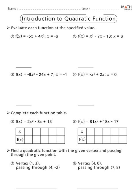 Toradh íomhá ar Introduction to Quadratic Functions Worksheet