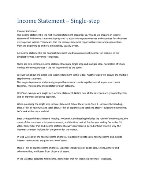 Image result for Single Step Income Statement Template