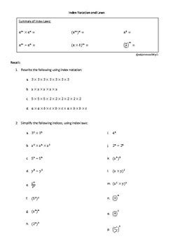 Image result for Index Laws 1 and 2 Worksheet