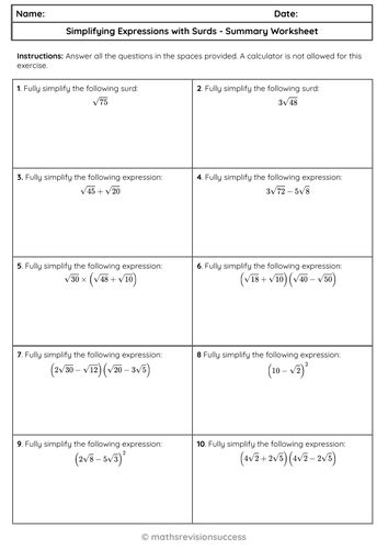 Image result for Simplifying Surds Worksheet
