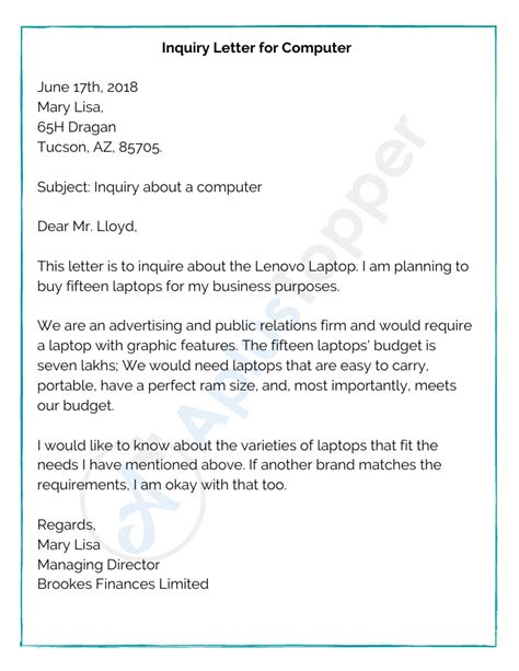 Toradh íomhá ar Enquiry Letter Example