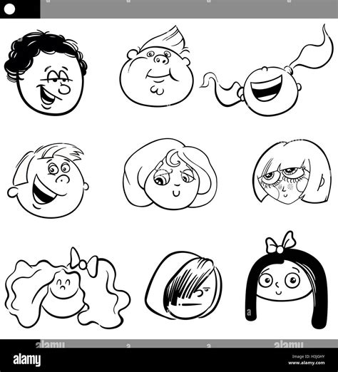 Black and White Cartoon Illustration of Children Faces Set Stock Vector ...
