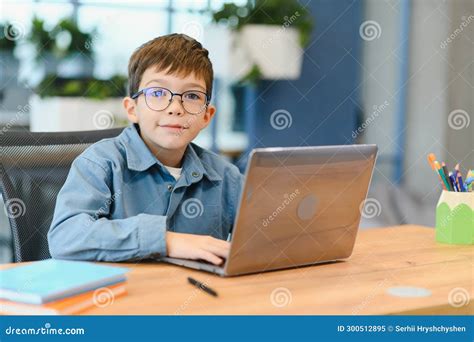 Cheerful Boy Studying Computer in Beautiful Style. Online Training ...