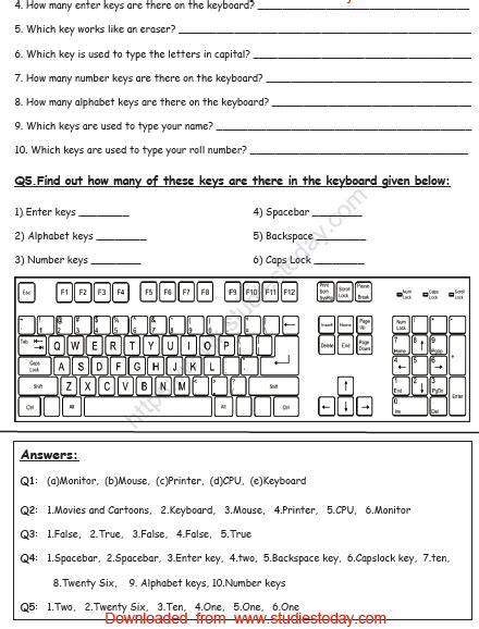 Image result for Class 1 Computer Worksheet with Answers