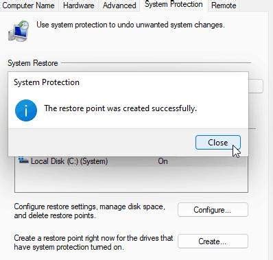 Configure Restore Point に対する画像結果