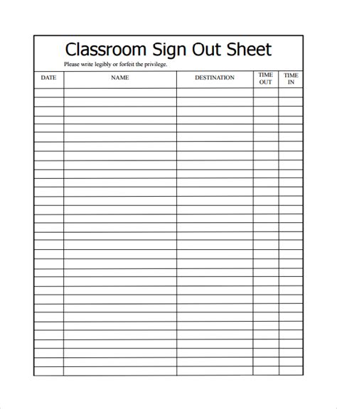 Classroom Sign Out Sheet Rpintable に対する画像結果