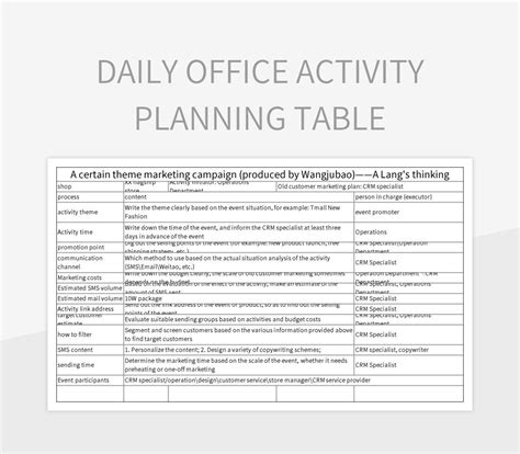 Image result for Activity Table Design Excel