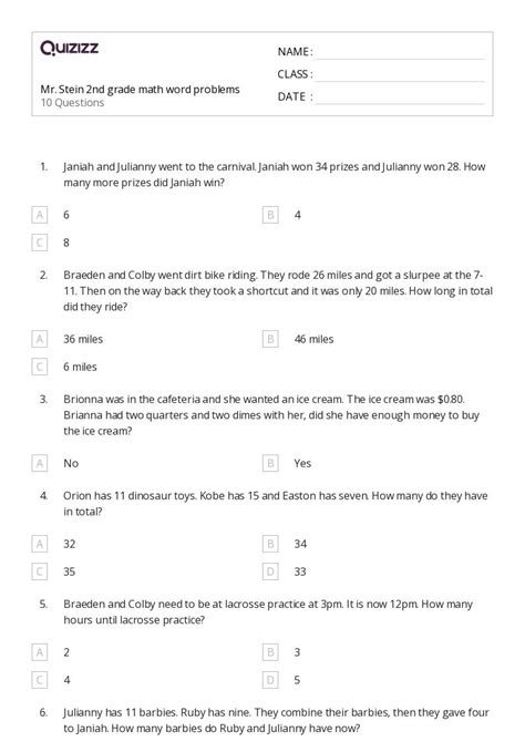 Math Word Problems 2nd Grade Free Printable に対する画像結果