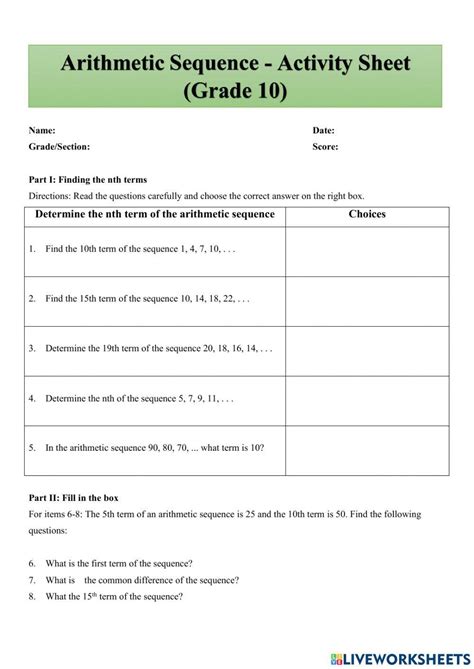 Toradh íomhá ar arithmetic sequence worksheets