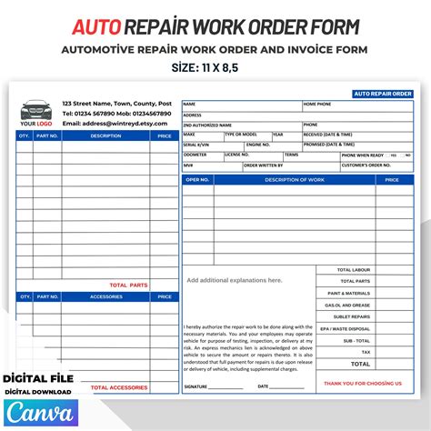 Toradh íomhá ar Auto Mechanic Work Order Template