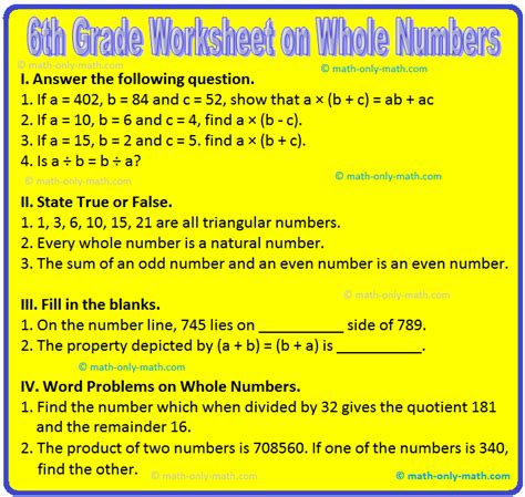 Afbeeldingsresultaten voor Class 6 Whole Numbers Properties Worksheet