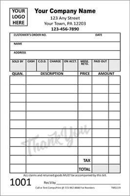 Custom Small Invoice Forms / 2 Part Carbonless Invoice / 4" X 6" /