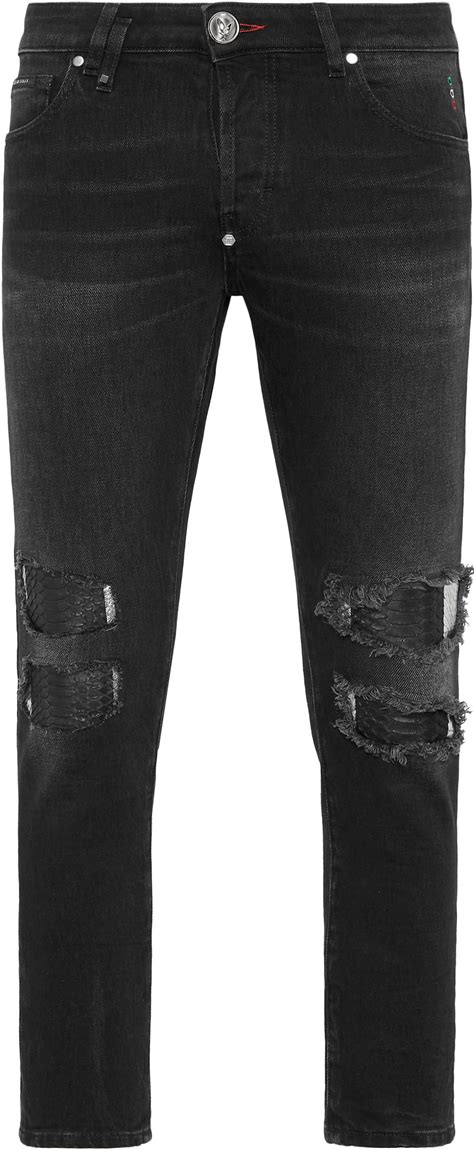 PHILIPP PLEIN - Denim Trousers Skinny Fit With Python Inserts - Marblegrey