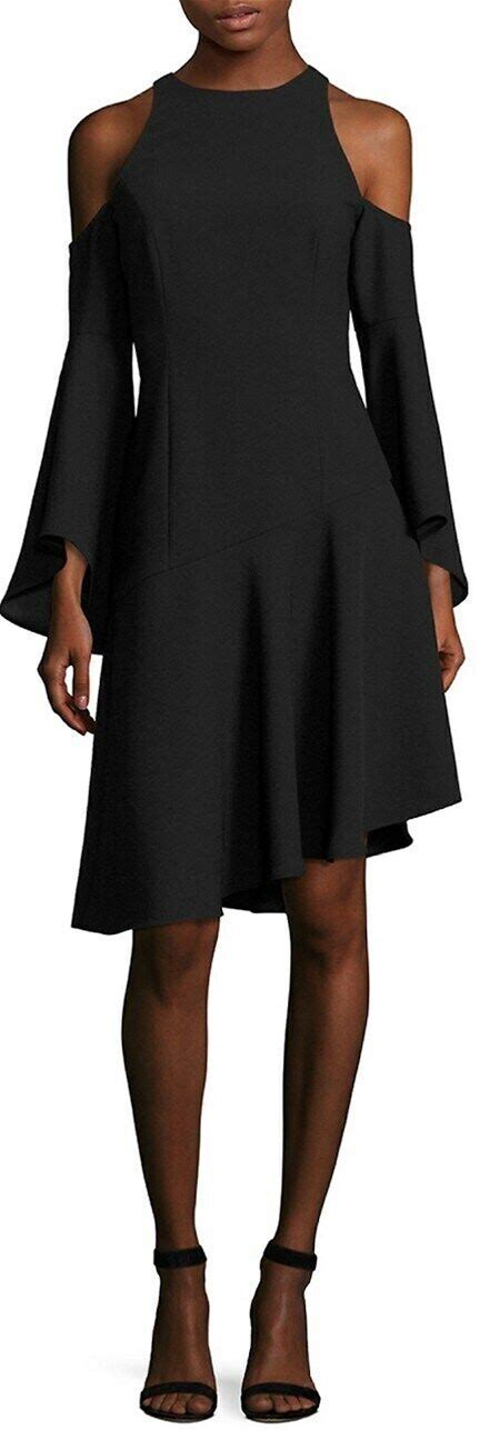 Scripted Cold-Shoulder Bell-Sleeve Dress M