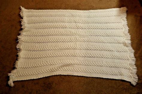 Vintage 48" X 36" Handmade Knit Crochet Afghan Baby Blanket White With