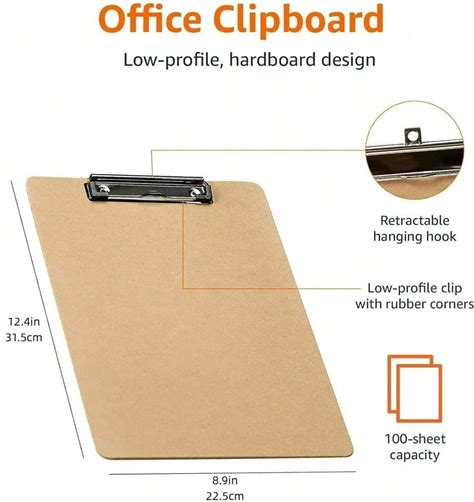 1個 木製クリップボード、レターサイズ ハードボード クリップボード 8.5X11インチ 教室用、A4標準サイズ 8.9" X 12.4" ロープロファイルクリップ、オフィス&学校用品,1個