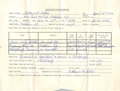 1942 Fera Employment Application - Catherine Collier - Paterson Nj -
