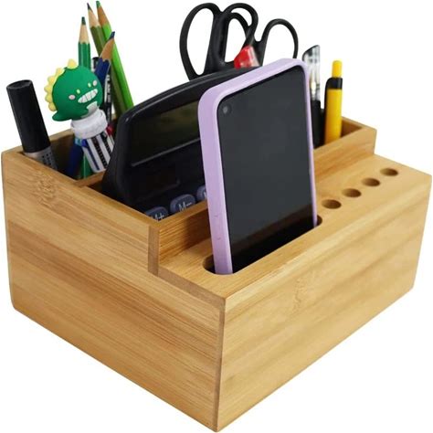 Desktop Clutter Storage Bamboo Desktop Organizer With 4 Compartments & 5 Holes