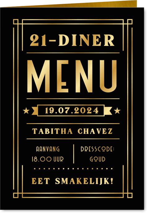 Stijlvolle Zwarte Menukaart Met Foliedruk In Art-Deco Stijl (Proefdruk)