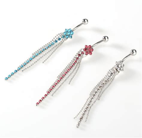 1Pc Women Rhinestone Flower Beaded Tassels Dangle Body Piercing Navel Belly Ring Blue