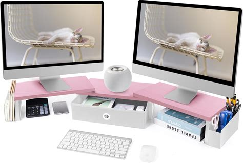 Dual Monitor Stand Riser With Drawer & Metal Leg, Large Desk Shelf For 2 Monitors W/ Adjustable Length & Angle, Desktop Organizer For Laptop/TV/