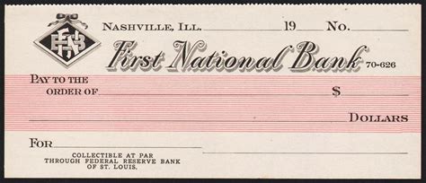 Vintage Bank Check FIRST NATIONAL BANK Nashville Illinois New Old Stock N-Mint