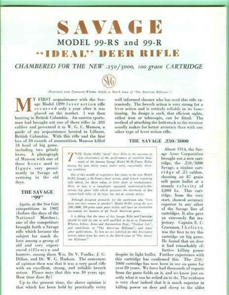 Savage Arms Model 99 R & RS 250-3000 Fac Brochure Reproduction