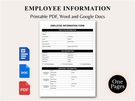 Printable Employee Information Form, New Hire Paperwork, Employee Onboarding Packet, Word, Google Docs, PDF