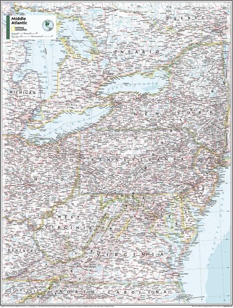 National Geographic Maps: Mid-Atlantic U.S.A Wall Map - Compact - 21 X 16 Inches - Front Lamination