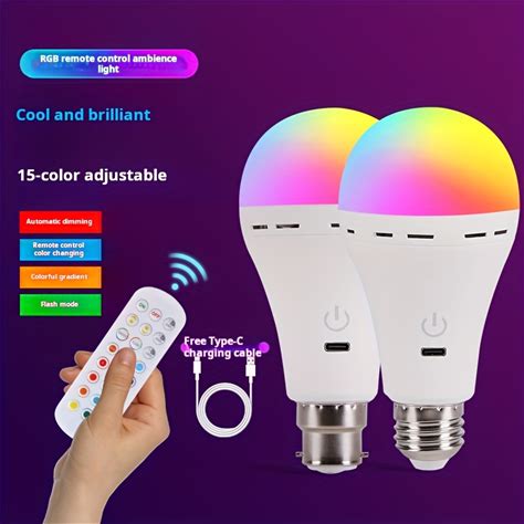 2Pcs USB Rechargeable Portable Light Bulb With Remote Control, Intelligent RGB Color Conversion Light Bulb, 15 Colors, Dimmable Touch Light Bulb,