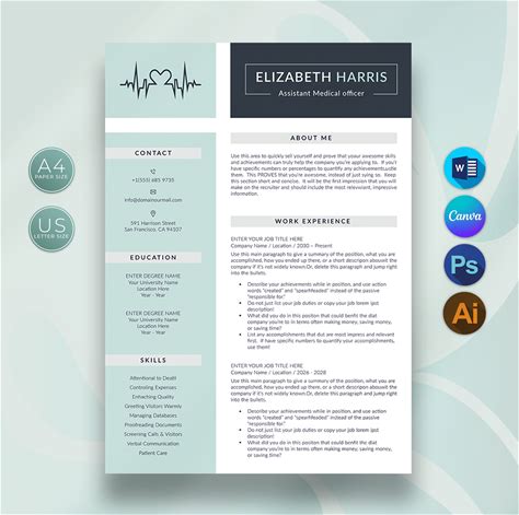 Medical Resume Template For Canva & MS Word, Modern Resume Templates With Matching Cover Letter Templates, Doctor Resume, Instant Download