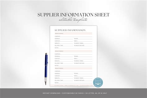 Editable Supplier Information Sheet Template, Vendor Contact Tracker, Small Business Tracker, Supplier Organizer, US Letter, A4, A5, Half