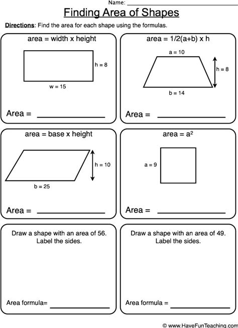 Finding The Area Of Shapes Formulas Worksheet
