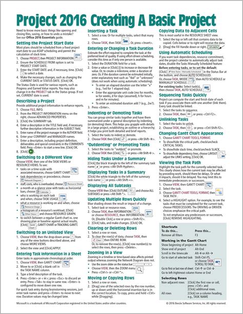 Microsoft Project 2016 Quick Reference Guide Creating A Basic Project - Windows Version (Cheat Sheet Of Instructions, Tips & Shortcuts - Laminated Ca