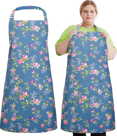 Plus Size Floral Aprons For Women, Adjustable Kitchen Aprons With 2