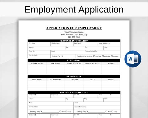 Printable Job Application Template, Editable Work Application Form, Application For Employment, Employer Hiring Document Instant Download
