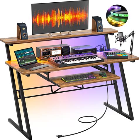 Armocity Music Studio Desk, Music Production Workstation With Power Outlets And RGB LED Lights, Recording Studio Table Desks Music Producer For Home,