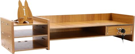 Computer Monitor Stand Wood Desk Organizer Home Office Desktop Storage Drawer Computer Holder With